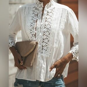 POL White Eyelet Floral Lace Crochet Boho Blouse | Size Medium